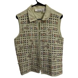 Vintage Casey & Max Weave Woven Quilted Linen Vest Top Pastel Green Floral Large
